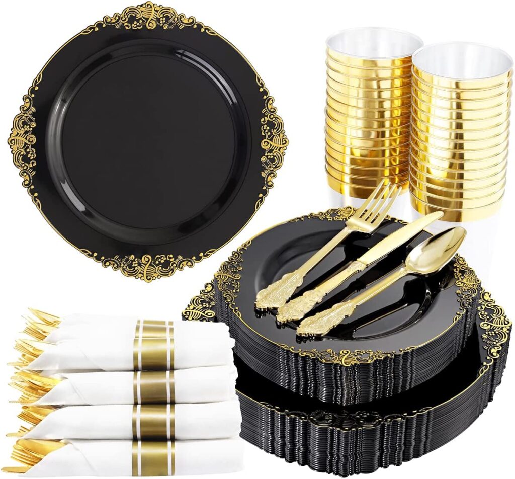 Hioasis 350pcs Black and Gold Plastic Plates